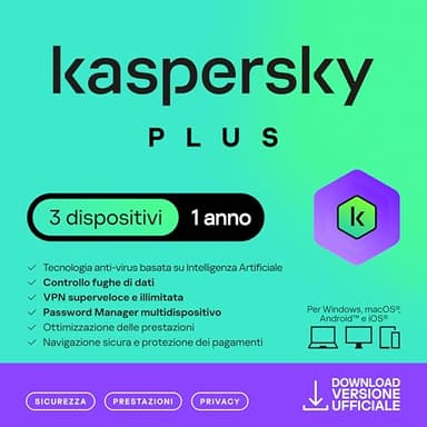 Kaspersky Plus Internet Security 2025| 3 dispositivi | 1 anno | Con Anti-Phishing e Firewall | VPN illimitata | Password Manager | Protezione banking online | PC/Mac/mobili | Attivazione e-mail