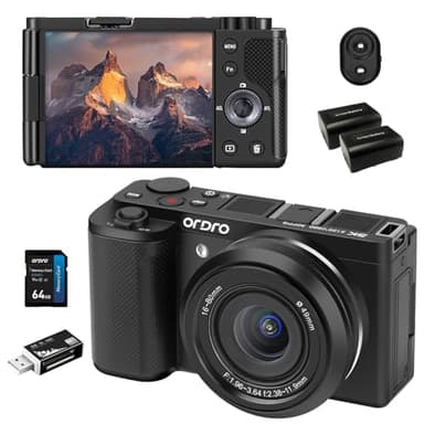 ORDRO Fotocamera digitale G930 Mirrorless Vlog Camera 64MP con lenti F/1.96 – 3.64 da 16 – 80 mm, touch screen da 3,2", 4 K 30 fps e video FHD 60, messa a fuoco automatica, scheda da 64 GB (nero)