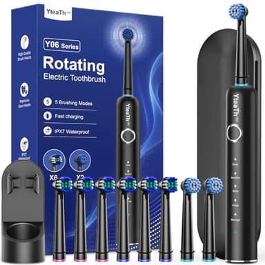 Spazzolino da denti elettrico rotante per adulti, spazzolino da denti rotanti con 8 testine di spazzola, spazzolino da denti elettrico da viaggio, nero opaco, Cepillo de Dientes