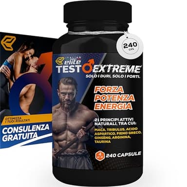Italian Elite® Testo Extreme 240 caps Maca 8000mg. Tribulus, Fieno Greco, Zinco, Arginina, Ashwagandha, Vitamine e Minerali. Forza Energia Resistenza!
