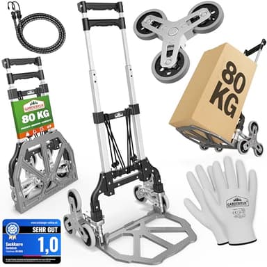GARDEBRUK® Carrello Saliscale con Ruote in PP Antiforatura Pieghevole 80Kg Alluminio Incl. Guanti 2 Corde Carrellino Portapacchi Trasporto Scatole