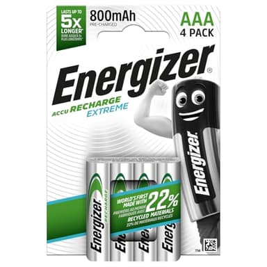 Energizer Recharge Extreme - Batterie Ricaricabili AAA (pacco da 4) - Pile 800 mAh NiMH - pronte all'uso - potenza di lunga durata - 100% imballaggio riciclabile privo di plastica