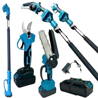 Set Motosega Elettrica 6" e Tronchese, Kit Potatura con Asta Telescopica 255 cm, 2 Batterie 48V, Lame per Taglio Alberi