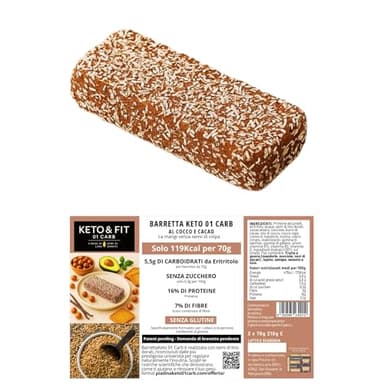 Barrette KETO 01 CARB Cioccolato e Cocco con solo 5,5g di Carboidrati da Eritritolo, Barrette Proteiche Senza Zucchero e Senza Glutine, 16% Proteine, con Semi di Lino Dorati, Vitamina B12 e D, 3x70g